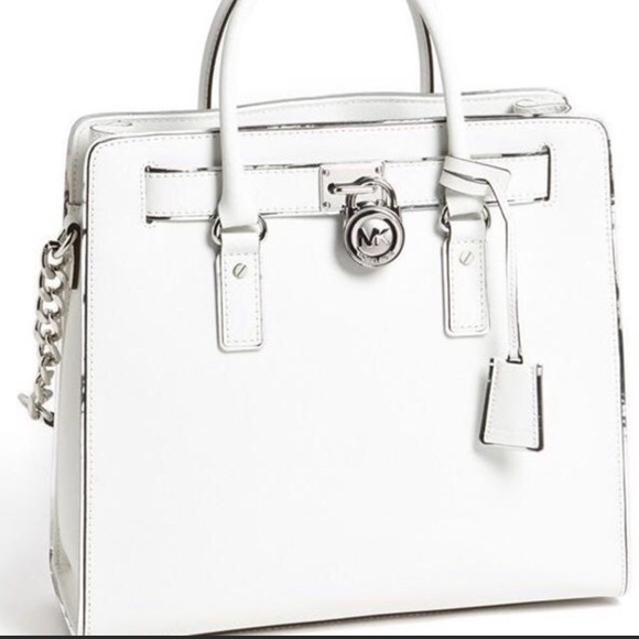 Michael Kors Handbags - White Michael Kors MK Silver Lock Hamilton Purse